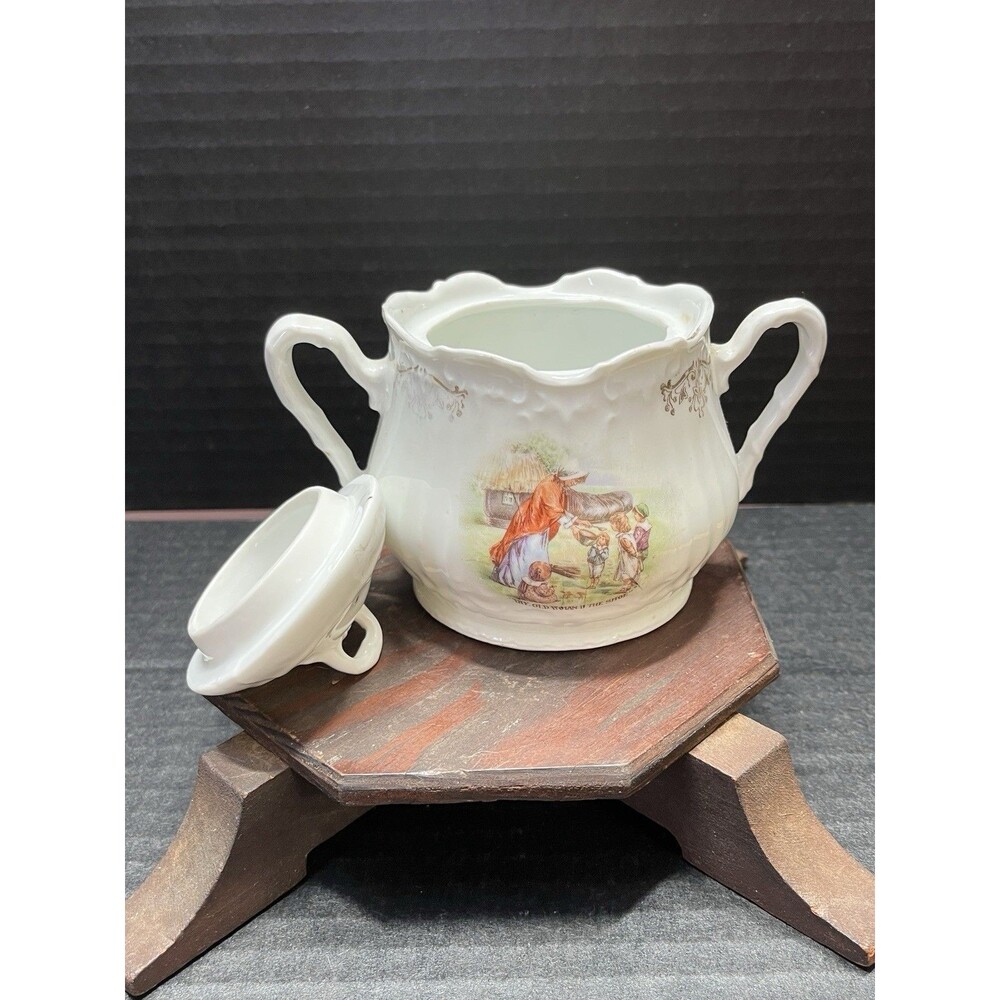 Sugar Bowl Lid Porcelain Vtg Old Women in the Shoe Cottagecore Farm Shabby Chic - Picture 7 of 14